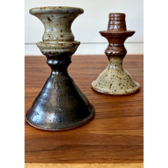 Vintage Pair of Handmade Stoneware Glazed Candlestick Holders Signed Hanson - Picture 3 of 15